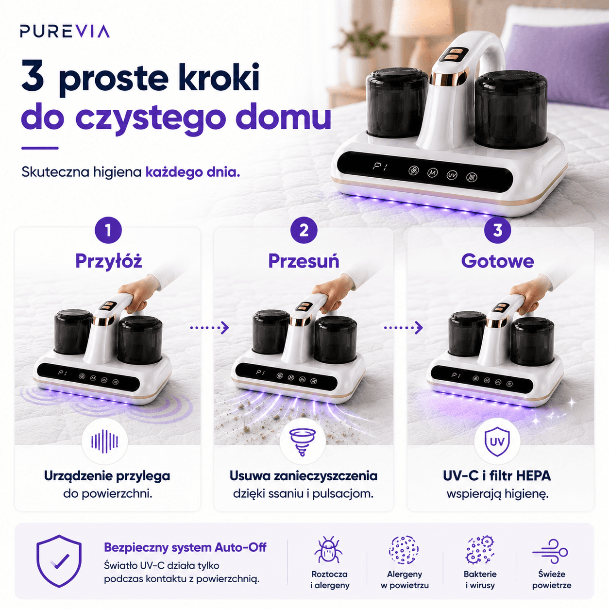 Purevia UV-C - bezprzewodowy odkurzacz anty roztoczowy