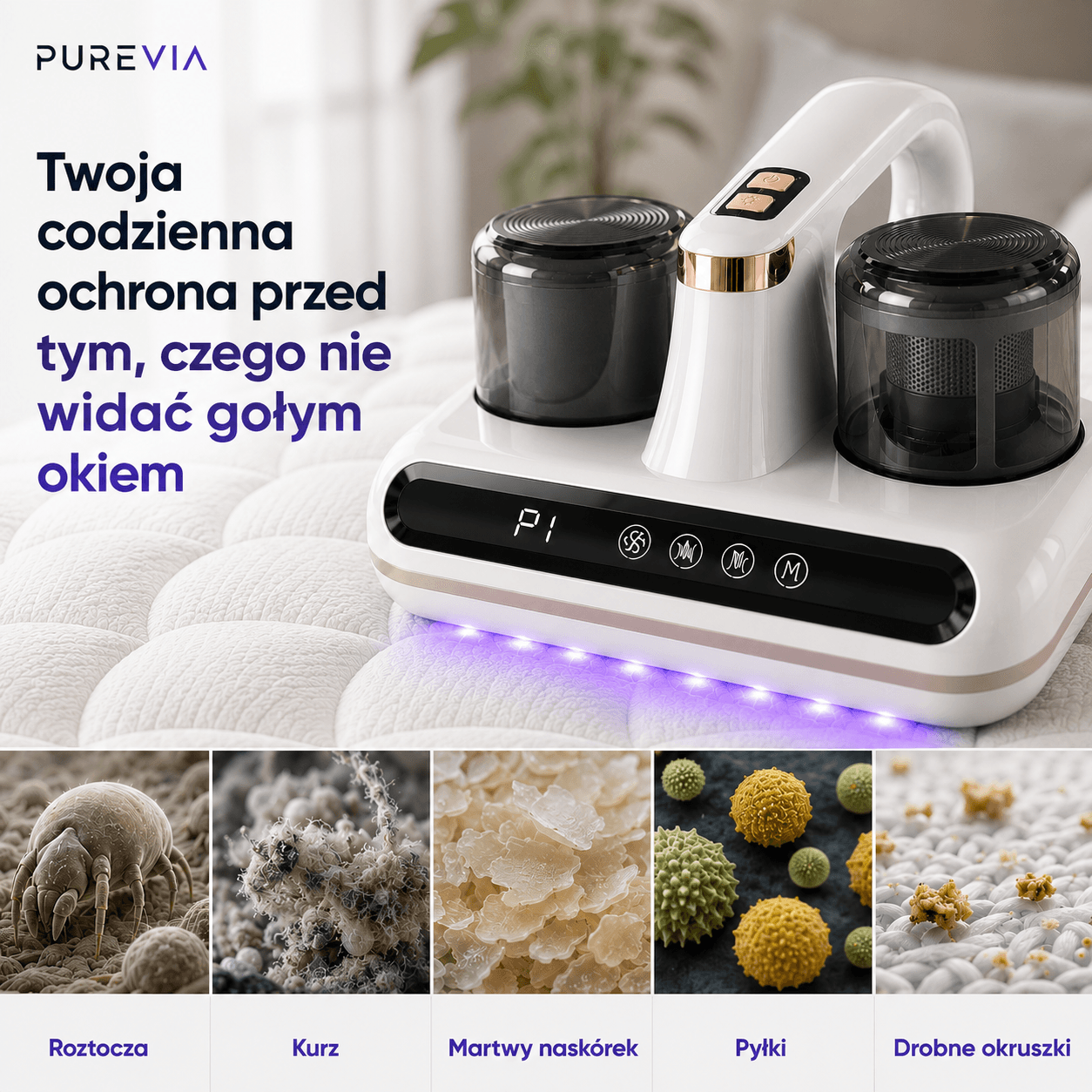 Purevia UV-C - bezprzewodowy odkurzacz anty roztoczowy